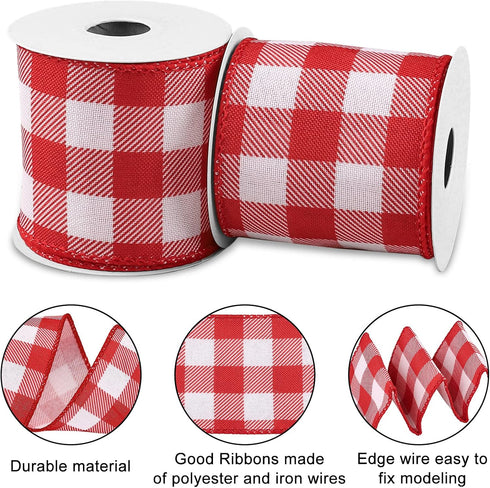 Wired Edge Plaids Ribbon, Whaline 2 Rolls, Buffalo Check Ribbon, 2.5 Inch for DIY Gift Wrapping