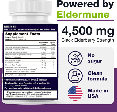 HybridEB Sambucus Elderberry Immune Support with Vitamin C, Zinc, D3 - 60 Capsules, 1 Month Supply