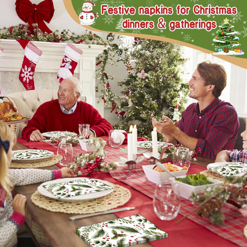 SMUAENSS 100 3-Ply PCS Christmas Paper Napkins, Berries Pine Guest Napkins, Greenery Christmas Bathroom Disposable Hand