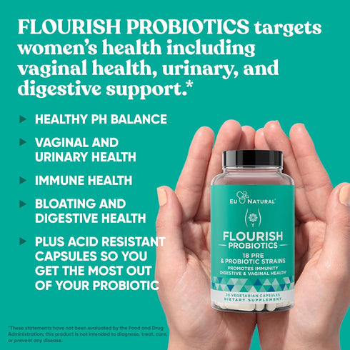 Flourish Probiotics + Prebiotics for Women, 14 Billion CFU, 30 Shelf-Stable Mini Vegan Capsules