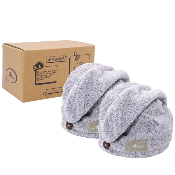 myHomeBody Hair Towel Wrap - Luxury Quick Drying Turban, Ultra Soft Charcoal Fiber Cap with Coconut Shell Button, 2 Pack