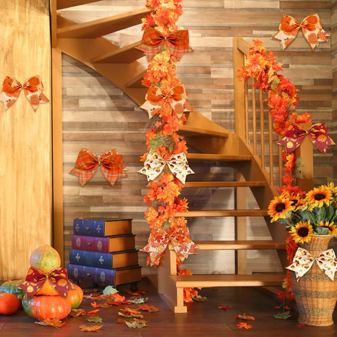 Whaline 6 Rolls 30 Yard Fall Thanksgiving Wired Edge Ribbon, Autumn Plaid Pumpkin Maple for Gift Wrapping
