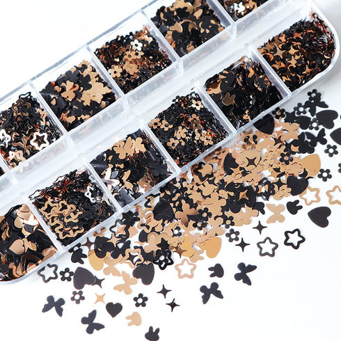 Nail Art Glitter Flakes, Mixed Black Gold Glitter Sequins for Women Manicure Charms and DIY Sparkly Crafts