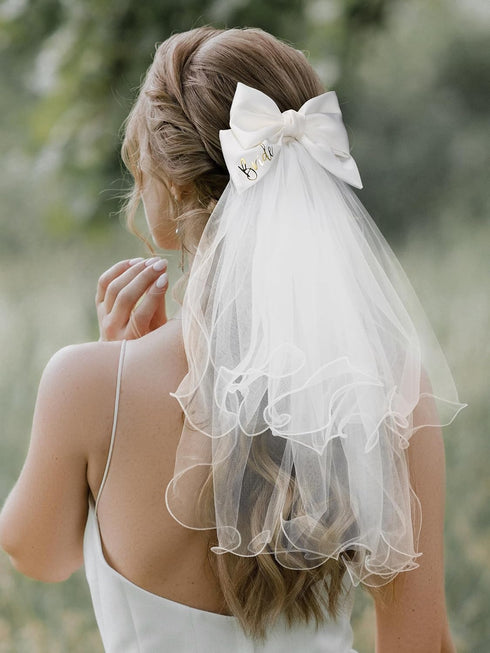 SWEETV Bridal Hair Bow Veil White Bow Clip Bachelorette Party Decorations Pearl Accessories Bride to Be Bridal Shower Gift