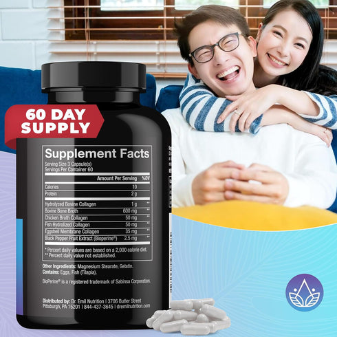 DR. EMIL NUTRITION Multi Collagen Pills - 180 Capsules for Hair, Skin, Nails, & Joints, Hydrolyzed Collagen