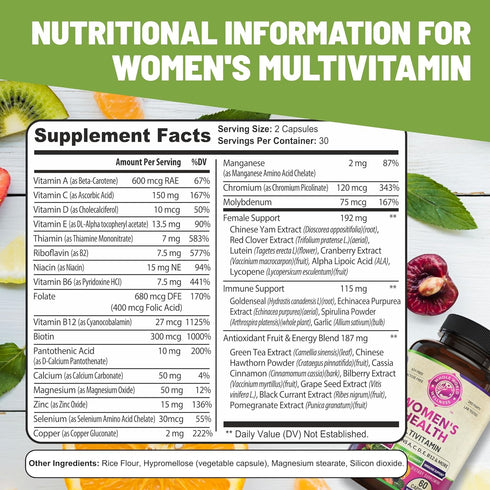 Womens Daily Multivitamin Multimineral Supplement - 60 Capsules - Energy, Mood, Focus, Hair, Skin & Nails