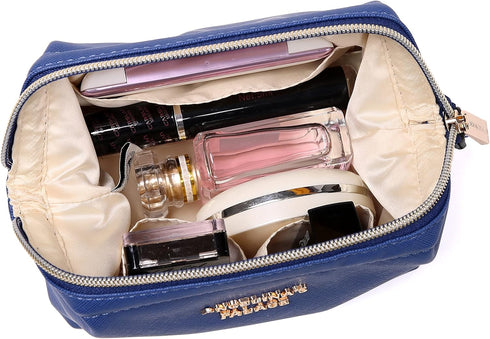 Vegan Leather Waterproof Travel Cosmetic Bag by Angelina's Palace, Toiletry Organizer Makeup Pouches (Dark Chambray)