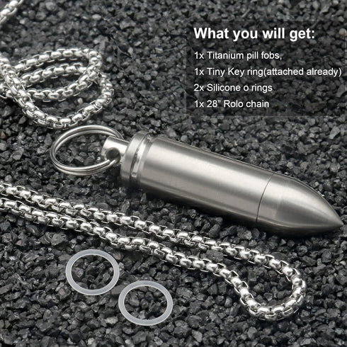 Small Pill Box Titanium Pill Fob Necklace, Mini Waterproof Keychain Holder for Men & Women (TC02 Bullet Pendant)
