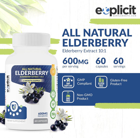 All Natural Elderberry Supplement - Powerful Antioxidant Elderberry Capsules - Extra Strength 1200mg - Supports Immune Health - Made in USA - 2 Month