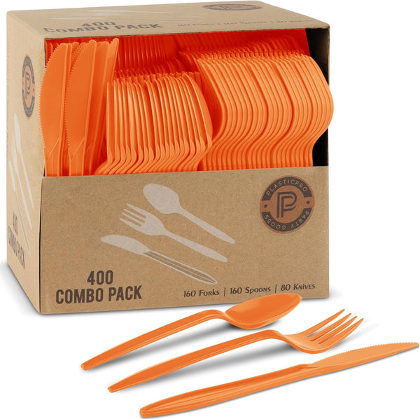 PLASTICPRO 400 Pack Assorted Colored Disposable Plastic Utensils, Combo Set of Forks, Spoons, and Knives