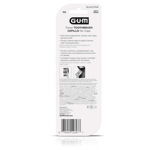 GUM Folding Travel Toothbrush, Compact Head + Tongue Cleaner, Soft Bristled Travel Toothbrushes for Adults, 2ct