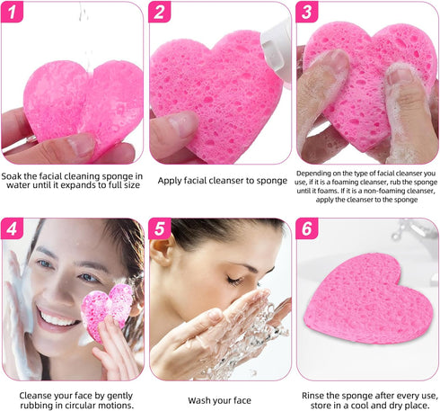 Women 60-Count Compressed Cellulose Heart Shape Face Sponges - 100% Natural Cosmetic Sponges for Cleansing &