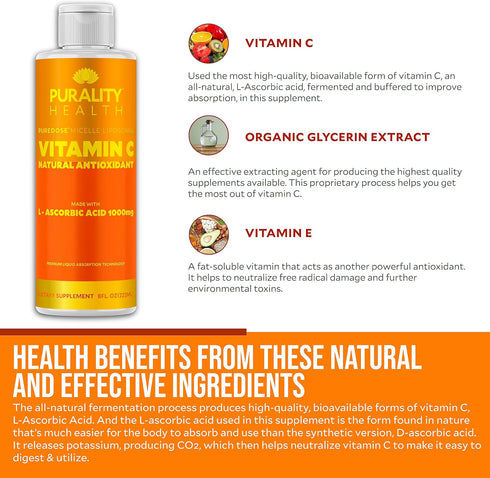 Vitamin C Liquid Supplement, 1000mg per Serving, Micelle Liposomal Enhanced Absorption, Vegan, 15 Day Supply