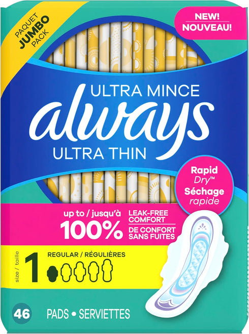 Always Ultra Thin Pads with Wings, Size 1, Regular, 46 Count