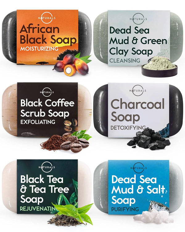 O NATURALS 100% Natural Bar Soap Gift Set, Organic Ingredients & Essential Oils, 6PC Black Soap Collection
