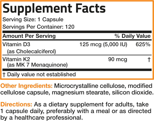 K2 (MK7) D3 5000 D3 90 K2 MK-7 120 Bronson Vitamin with Supplement Non-GMO Formula IU Vitamin & mcg Easy to Swallow D