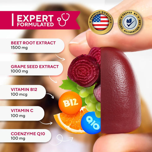Beet Root Gummies - Cardio Beet Gummies 2600mg - Nitric Oxide Gummies with Beet Root, Grape Seed Extract, Coq10, Vitamin C & B12 - Beet Chews for Normal Blood Pressure & Heart Health – 60 Count