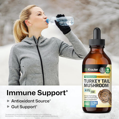 BIO KRAUTER Turkey Tail Mushroom Supplement, Vegan Immune Support Drops, Alcohol & Sugar Free, 4 Fl.Oz.