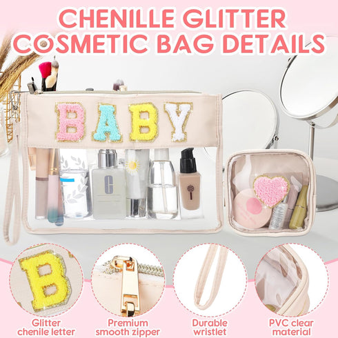 Hillban 2 Pcs Gifts Chenille Letter Bags, Preppy Patch Makeup Bag Flat Clear Pouch, PVC Organizer Purse Waterproof
