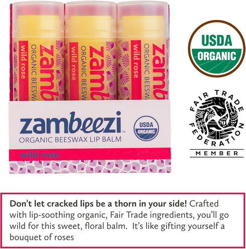 Organic Fair Trade Beeswax Lip Balm - Wild Rose, 3 Pack, Ethically Sourced