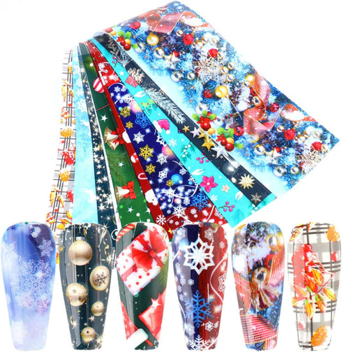 Christmas Nail Foil Transfer Stickers 10 Sheets Xmas Nail Art Stickers Decals Winter Santa Claus Snowflake Bells