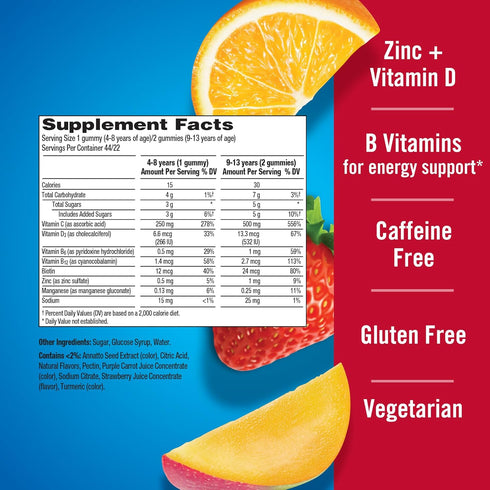 Immune Gummies 44CT Emergen-C Kidz Vitamin C Support Fun-Tastic Fruit includes Zinc, Manganese, B Vitamins and Vitamin