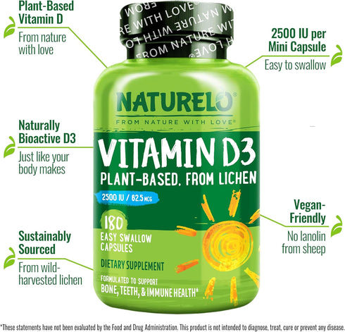 NATURELO Vitamin D 2500 IU - Plant Based from Lichen, Natural D3 Supplement for Immune System & Bone Support (180 Mini