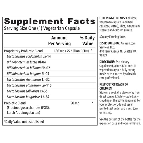 Amazon Basics Probiotic, 35 Billion CFU, 30 Vegetarian Capsules for Healthy Digestion, 1 Month Supply