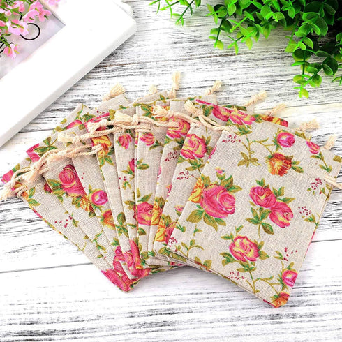 Pangda 30 Pieces Small Size Rose Drawstring Bags, Burlap Flower Pouch Bag, Linen Gift Pocket Jewelry Pouch for Wedding