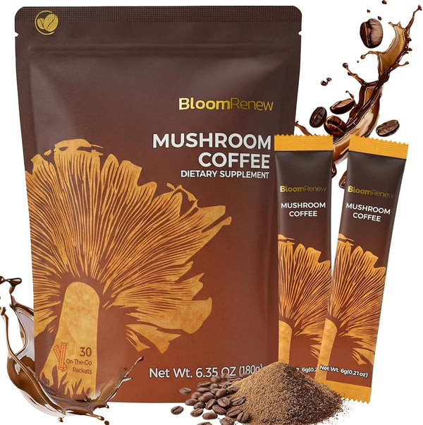 Mushroom Coffee, Instant Coffee with Adaptogenic Mushrooms, Organic Lion's Mane & Reishi,