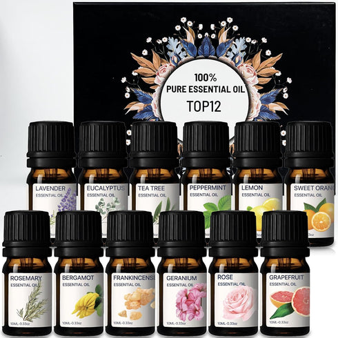 Essential Oils Set Top 12 100% Pure Oils Gift Kit for Diffuser Home - Lavender, Peppermint, Eucalyptus, Lemongrass,