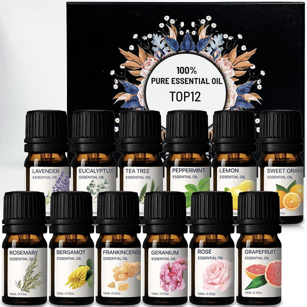 Essential Oils Set Top 12 100% Pure Oils Gift Kit for Diffuser Home - Lavender, Peppermint, Eucalyptus, Lemongrass,