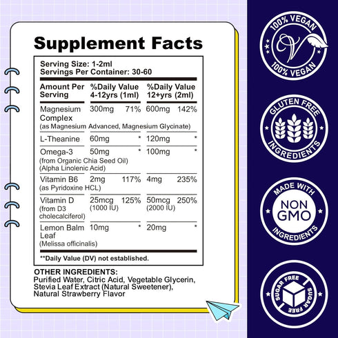 Omega-3, B6, D3 2 Oz Kids Magnesium Liquid Drops-Magnesium Glycinate Liquid for Kids Supplement-w/L-theanine, Vitamin