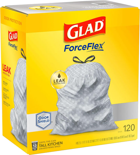Glad ForceFlex Tall Kitchen Drawstring Garbage Bags, 13 Gallon White Trash Bag, Odor Shield, 120 Count