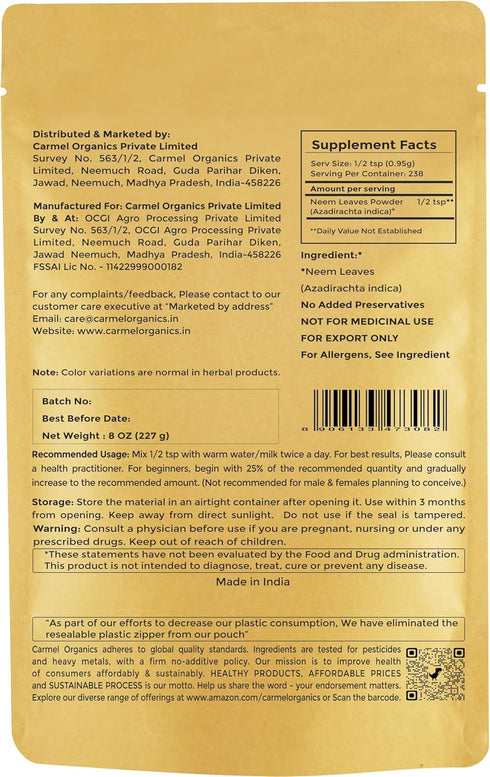 CARMEL ORGANICS Neem Leaves Powder - 8 Oz or 227 Grams, Natural, Non-GMO, No Added Preservatives or Additives