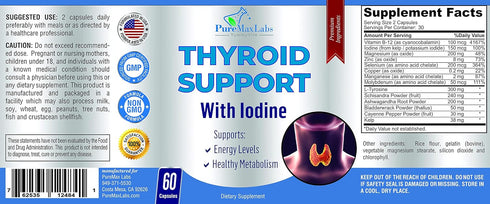 Thyroid Support with Iodine - Metabolism & Energy Booster, Increase Focus - Premium Non-GMO Thyroid Supplement (60