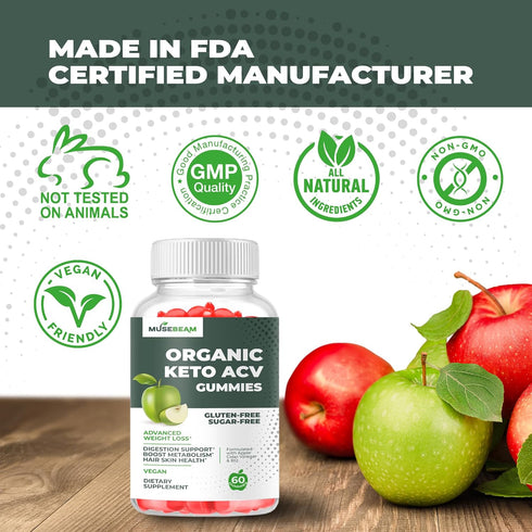 musebeam Gummies (1000MG) Organic Keto ACV Advanced Weight Loss - Gluten & Sugar Free Belly Fat Burner Apple Cider