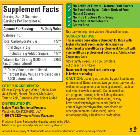Nature Made Extra Strength Vitamin D3 5000 IU, Dietary Supplement for Bone, Teeth, Muscle Health, 80 Gummies