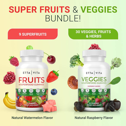 (120 Chews) Fruits and Veggies Supplement - Superfood Gummies with 9 Superfruits & 30 Veggies, Non-GMO