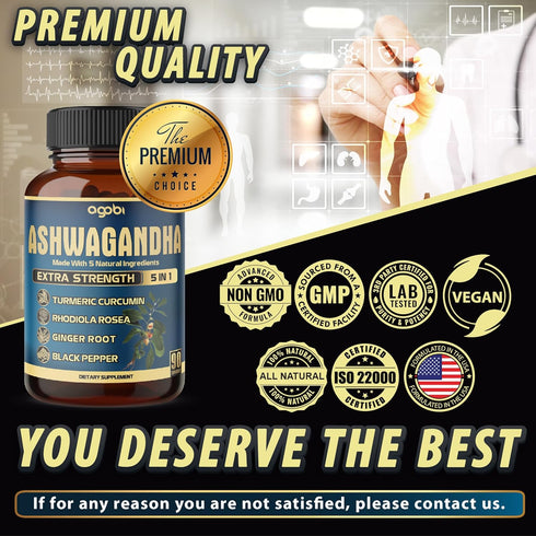 Ashwagandha Extract Capsule, Great Strength, 5in1 Ginger, Turmeric, Rhodiola Rosea & Black Pepper, 90 Capsules