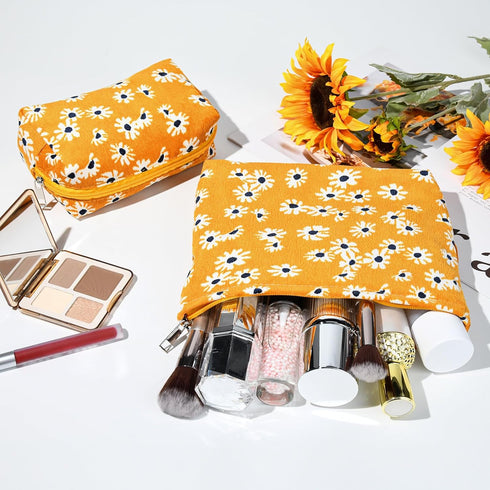 2 Pieces Little Flower Makeup Bag, Large Capacity Canvas Travel Toiletry Organizer for Women