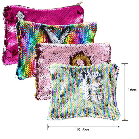 Tatuo 4 Pcs Glitter Sequin Makeup Bag - Rainbow Iridescent Small Reversible Cosmetics Pouch for Women