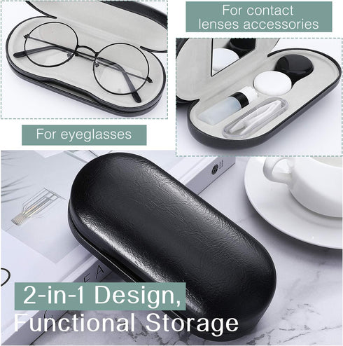 MoKo Double Eyeglass Case, Contact Lens Case with Mirror Tweezers Remover, 2 in 1 Double Sided Portable Contact Lens Box Holder Container Soak Storage Kit Sunglasses Pouch for Men & Women, Black
