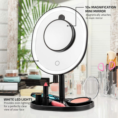 OVENTE 9" Rechargeable Lighted Tabletop Makeup Mirror - 1X Magnifying w/ 10X Mini Magnetic Mirror, Accessories Tray, Dimmable Oval LED USB Powered, Perfect for Travel, Bedroom & Office, Black MOT22B by OVENTE