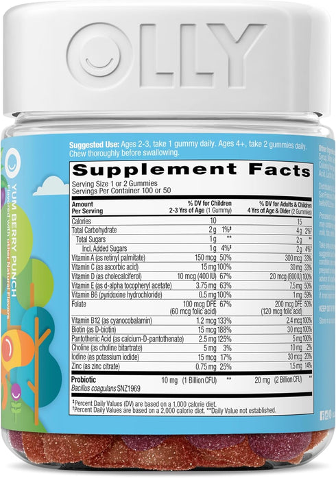 Gummy, 50 100 Count OLLY Kids Multivitamin & Probiotic Digestive Support, Vitamins A, D, C, E, B, Zinc, Chewable