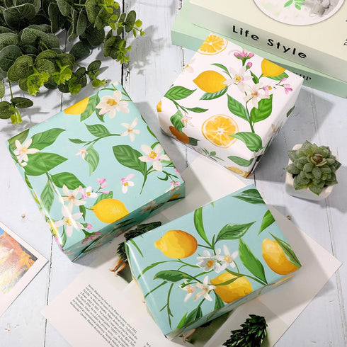 Generic AnyDesign 12 Sheets Summer Lemon Wrapping Paper, Watercolor Lemon Flowers Gift Wrap Paper for Summer Birthday