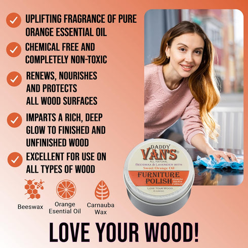 Daddy Van's Beeswax Furniture Polish, Natural Wood Polish with Lavender & Sweet Orange Oil, 6 oz