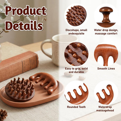 HJZHII 2Pcs Wooden Scalp Massager Comb, Wooden Hair Scrubber Hair Brush Scalp Massage Tool Head Gua Sha Brush Handheld