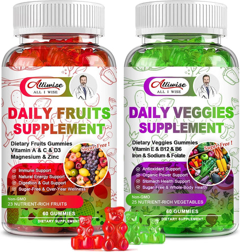 Sugar-Free Fruits and Veggies Gummies Supplement - Multi-Vitamins & Minerals, Immunity & Energy Support