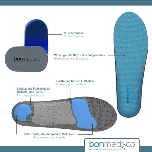 bonmedico High Performance Gel Insoles for Sports & Leisure - Shock Absorbing Support for Foot & Joint Problems